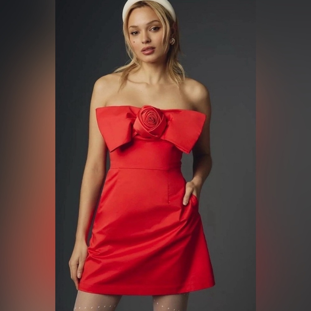 Anthropologie Hutch 3D Rosette Strapless Mini Dress Red , XXS - Picture 2 of 12